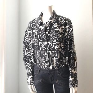 Vintage silk & linen black & white button up shirt blouse